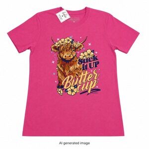 Lulu Mac Highland Cow Suck It Up Buttercup Graphic Tee Women M Pink NWT